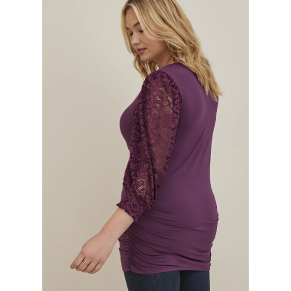 TORRID SIZE 3 LACE V-NECK RUCHED FRONT LONG SLEEVE TOP SIZE 22-24, 3X - Picture 4 of 6